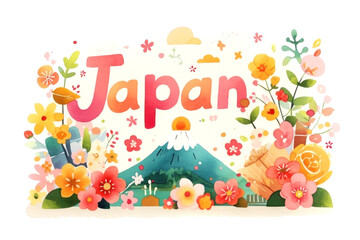 A vibrant watercolor depiction of Japan, featuring Mount Fuji surrounded by colorful flowers