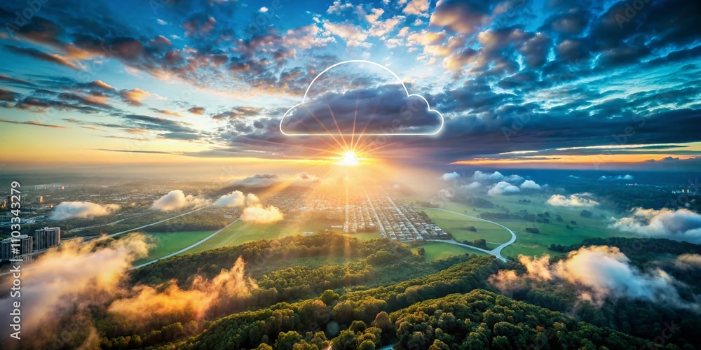 Poster aerial view of ethereal cloud database technology with cloud symbol representing safe backup transfe