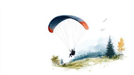 Green watercolor painting of a woman paragliding enjoying flying on the sky