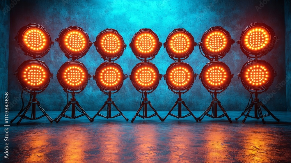 Poster high-quality stage lights with an array of beam shapes. authentic 3d modern lighting designs with pr