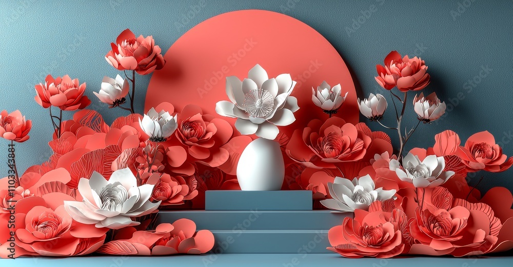 Poster a circular podium highlighted with abstract golden lines on a red background is featured on the wall