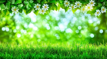 Obraz premium Bright green landscape with flowers and sunlight in spring season, springtime banner for advertising