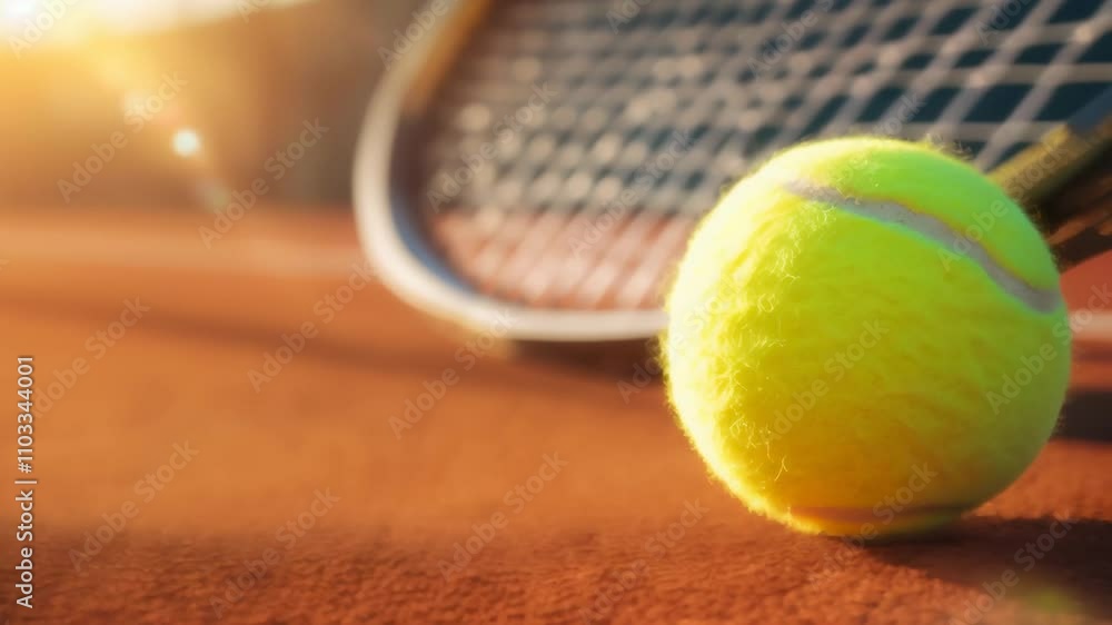 Poster tennis ball and racket are lying on a clay court, illuminated by the warm glow of the setting sun, c