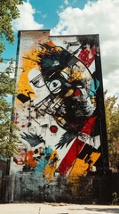 Large colorful mural painted on brick wall.