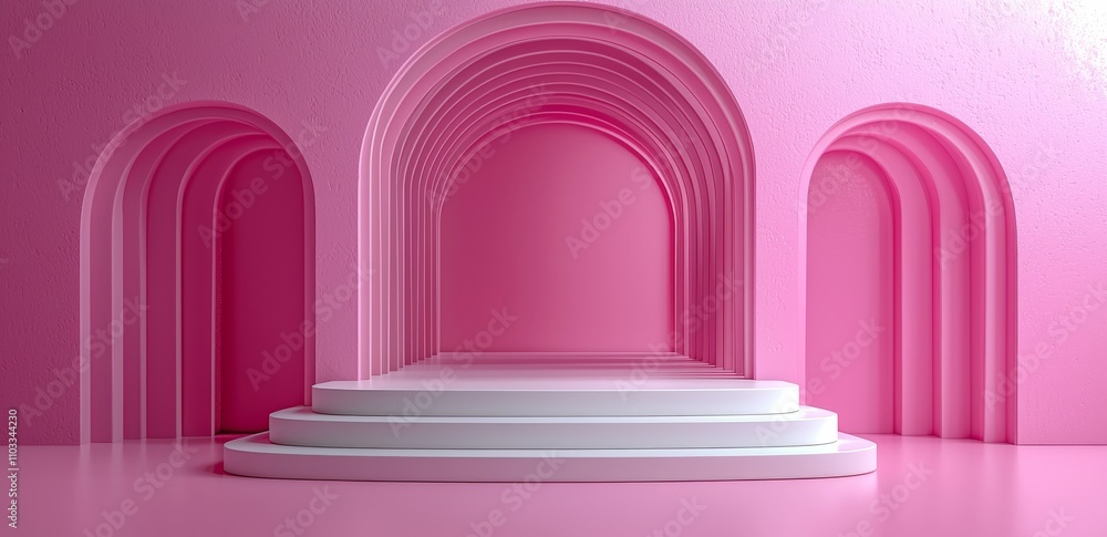 Poster an elegant display platform with lavish glass arches ascends over a white podium, set against a real