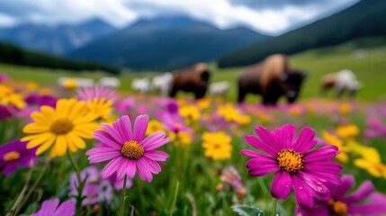Obraz premium A picturesque scene featuring colorful wildflowers in the foreground, complemented by grazing cattle amidst lush green hills and a dramatic mountain backdrop.