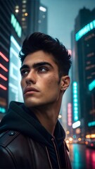 Fototapeta premium Exotic Latino Male Supermodel Portrait Cyberpunk City Night Light Model