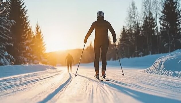 Golden Sunset Illuminates Cross Country Ski Trails in a Scandinavian Winter Wonderland