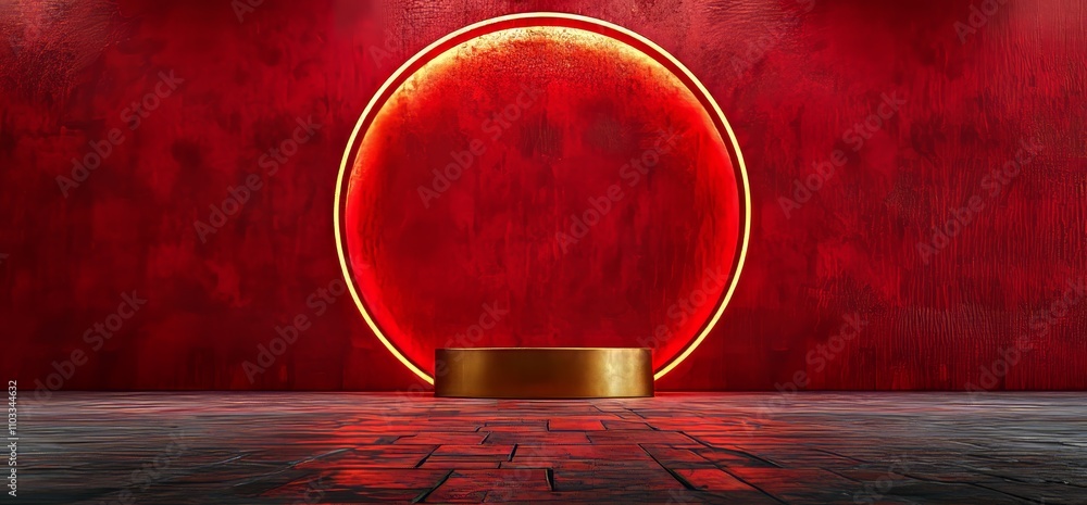 Aufkleber a deep red round platform bordered by a golden ring, placed on a dark maroon background. a geometric
