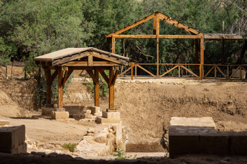 Jordan. Place of Jesus' baptism. Fragment of foundation of an ancient temple, which stood on four pillars directly above river,  waters of which formed cross. Holy Land is the fifth Gospel.