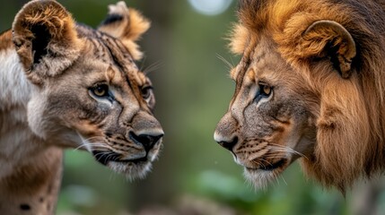 Obraz premium A captivating close-up of a lioness and a lion gazing into each other's eyes, showcasing their majestic features and the deep connection shared between these powerful animals.