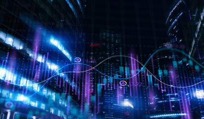 Fototapeta premium Stock market business concept. Financial graphs and digital indicators with modern city background