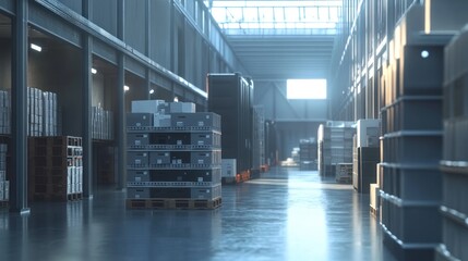 Obraz premium Interior of a modern warehouse with storage pallets.