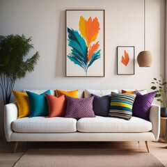 White Sofa with Colorful Pillows and Art Poster, Bright and Stylish Living Room with Colorful Pillows on White Sofa, White Sofa, Colorful Cushions, and Art Poster, generated ai