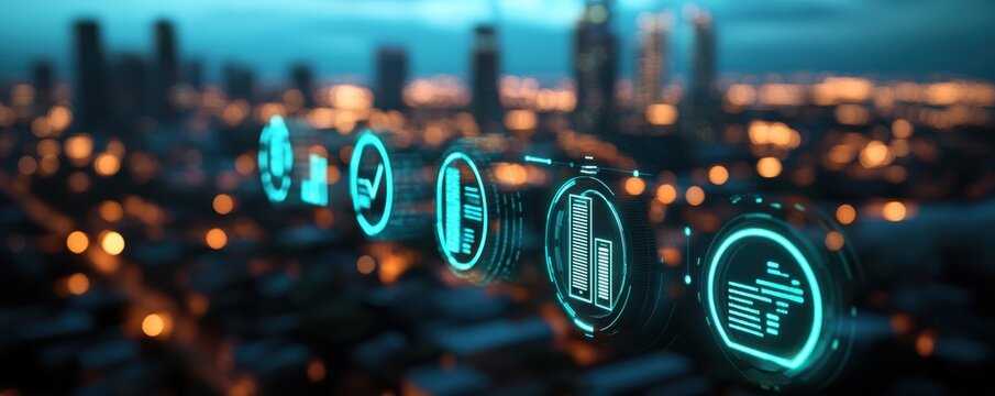 Financial Literacy Personal Finance concept. A futuristic cityscape with icons of loan systems integrated into urban life, conceptual image for advanced finances