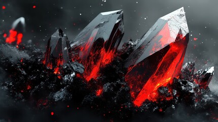 Naklejka premium Dramatic Red Crystals Emanating Light in a Dark Atmospheric Setting