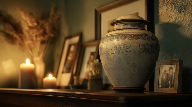 Ceramic urn with ashes on shelf with memorial candles