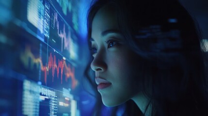 Profile of a woman analyzing digital data visualizations.