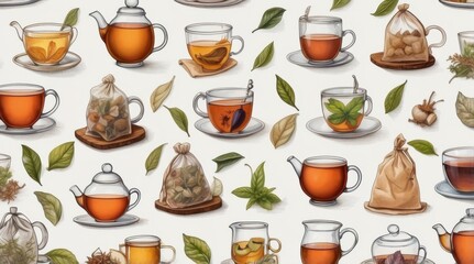 Icons: tea pot, tea leaf, tea bag