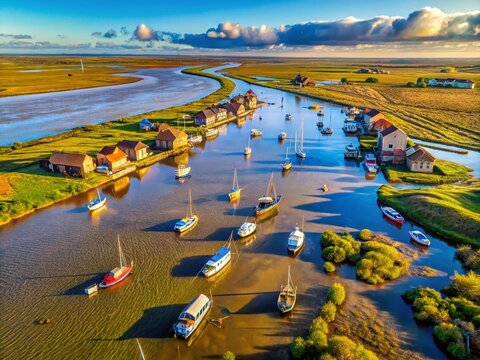Aerial View of High Tide Floods at Thornham Harbour, Norfolk, UK, Showcasing the Impact of Rising Waters on Coastal Landscapes and Infrastructure