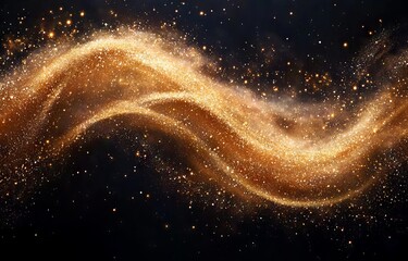 A streak of stars or a burst of spray, radiating golden enchanted dust and sparkles on a dark background. Golden glitter with a luminous shine. A contemporary, lifelike illustration of a bright