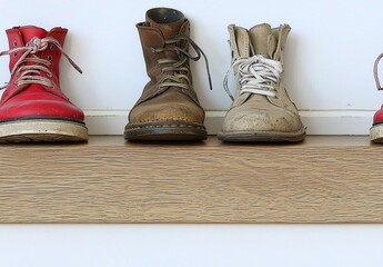 seamless of  Row of shoes and boots on a wooden floor , isolated on white background,  , copy space, copy space for text,