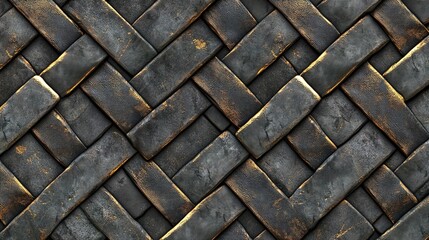 Seamless realistic texture showing gray relief tiles arranged in a wicker pattern with golden highlights