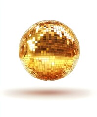Golden Disco Ball with Reflective Tiles Floating on White Background - Perfect for Party Themes, Dance Events, Celebrations, and Design Projects