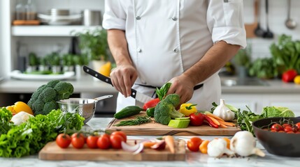 Naklejka premium A chef in a white uniform cuts vegetables on a wooden cutting board.