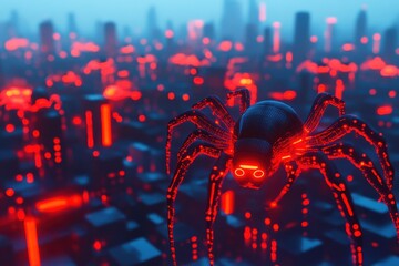 Glowing cyber spiders intricately weave digital webs in a vibrant cyber ecosystem of technology and innovation.