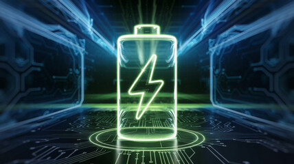 Glowing green power neon futuristic energy storage, high capacity rechargeable lithium ion battery
