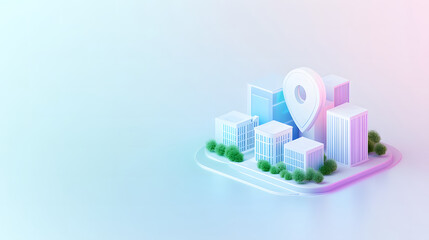 Fototapeta premium A vibrant and engaging digital landscape showcasing a colorful, modern city with a prominent location pin symbolizing navigation.