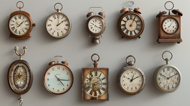 A collection of vintage clocks in different styles.