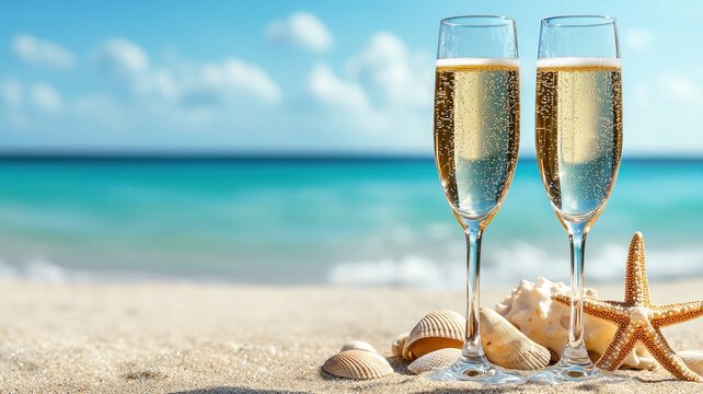 Champagne Glasses on Tropical Beach with Shells, Two champagne glasses on a sandy beach with seashells and a starfish, set against a turquoise ocean and blue sky backdrop.

