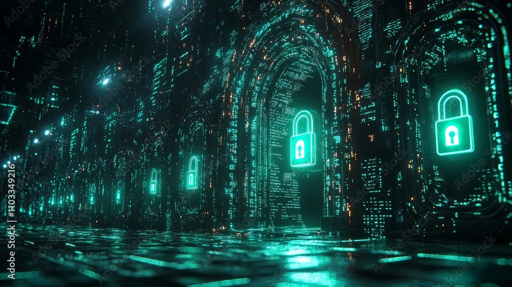 Poster a visual representation of a robust password in 3d, illustrating concepts of privacy, secure data pr