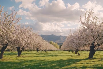 Almond Field: A Beautiful Spring Landscape with Lush Green Trees in Nature