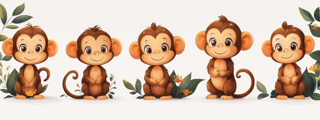 Fototapeta premium A cute cartoon monkey character for babies, featuring a modern style. A jungle animal cartoon with a cheerful expression and a tail, displayed on a white background. A fun family of zoo animals from