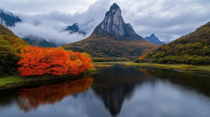 A breathtaking autumn landscape featuring vibrant orange foliage reflecting in a calm river, framed by towering misty mountains under a dramatic cloudy sky - AI Generated Digital Art.