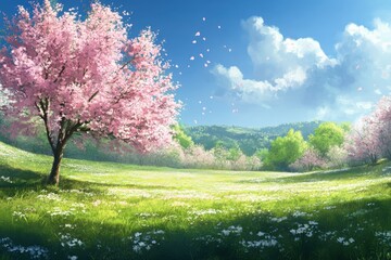 Naklejka premium Almond Field: Spring Landscape with Trees in Nature Park