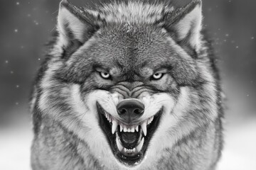 Fototapeta premium Angry Wolf. Greyscale Closeup of Wild Predator with Blurred Background