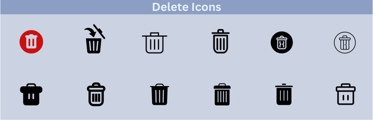 Delete icon set. delete button trash remove cancel undo throw remove editable stroke line icon collection.