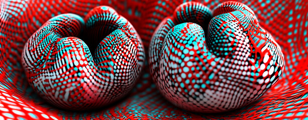 Naklejka premium Colorful abstract shapes with intricate patterns create visually striking composition, evoking sense of depth and complexity. vibrant red and cyan hues enhance dynamic feel of image
