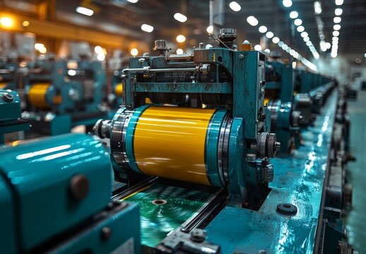 A rotary or flexo printer equipped with an ink tray, ceramic anilox roll, doctor blade, and a polymer relief plate attached to a printing cylinder. Flexographic machine with an ink tray.