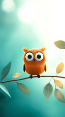 Obraz premium A cute, fuzzy orange owl perched on a branch, surrounded by soft green leaves and a blurred background, evoking a whimsical and serene atmosphere.