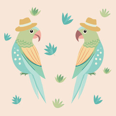 Twin parrots facing each other wear panama hat, pastel colors, palm leaves, cream background.