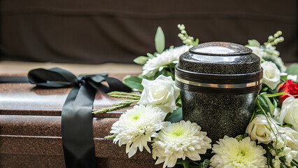 Marble urn with ashes, black ribbons, and flowers