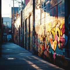 Fototapeta premium Graffiti-covered brick alleyway bathed in sunlight.