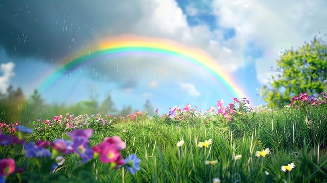 A colorful field of flowers with a rainbow in the sky.