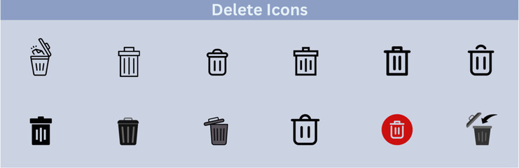 Delete icon set. delete button trash remove cancel undo throw remove editable stroke line icon collection.