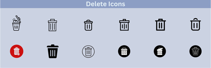 Delete icon set. delete button trash remove cancel undo throw remove editable stroke line icon collection.